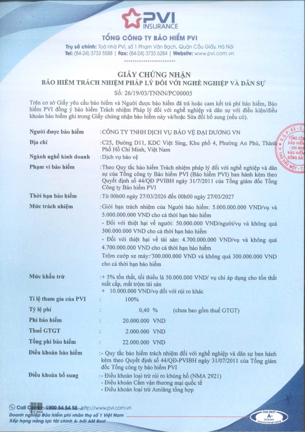Giấy tờ bảo hiểm của công ty bảo vệ Đại Dương VN năm 2026
