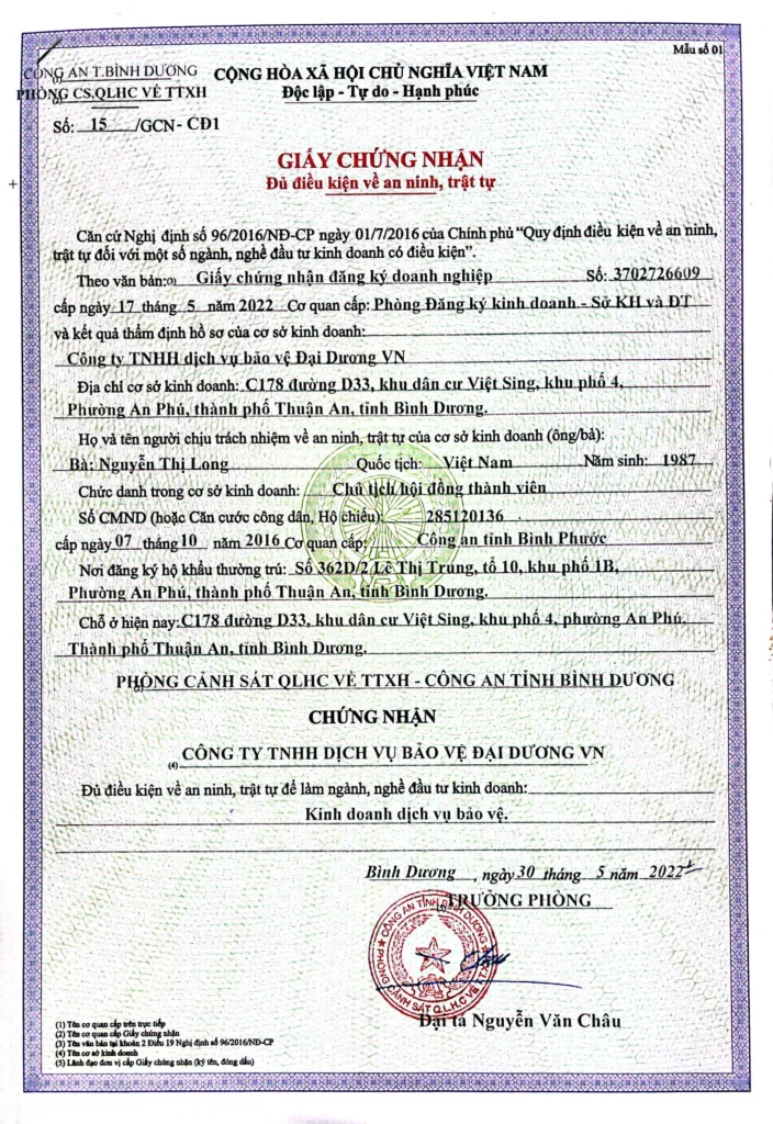 Giấy chứng nhận đủ điều kiện về an ninh, trật tự của Bảo Vệ Đại Dương VN